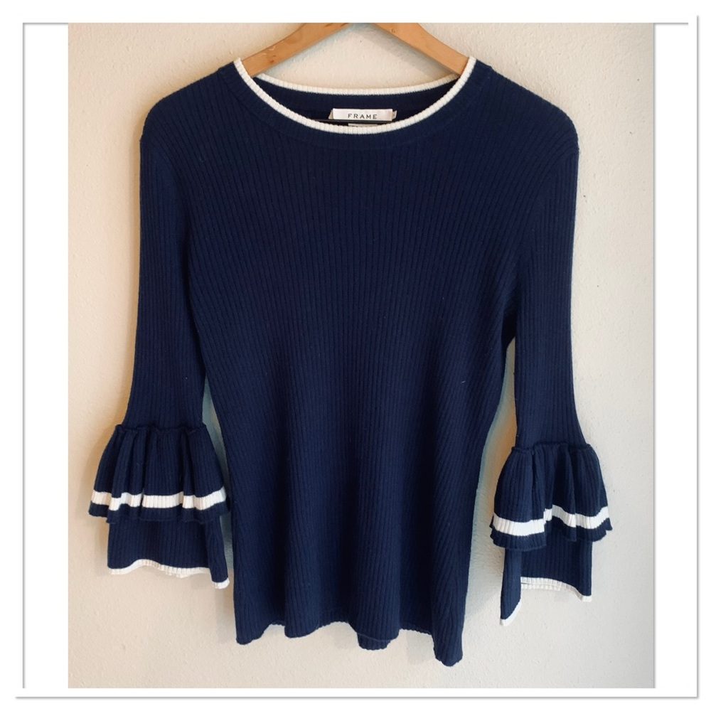 Frame Ribbed Knit Ruffle Sleeve Sweater Navy Size Medium - Picture 4 of 8